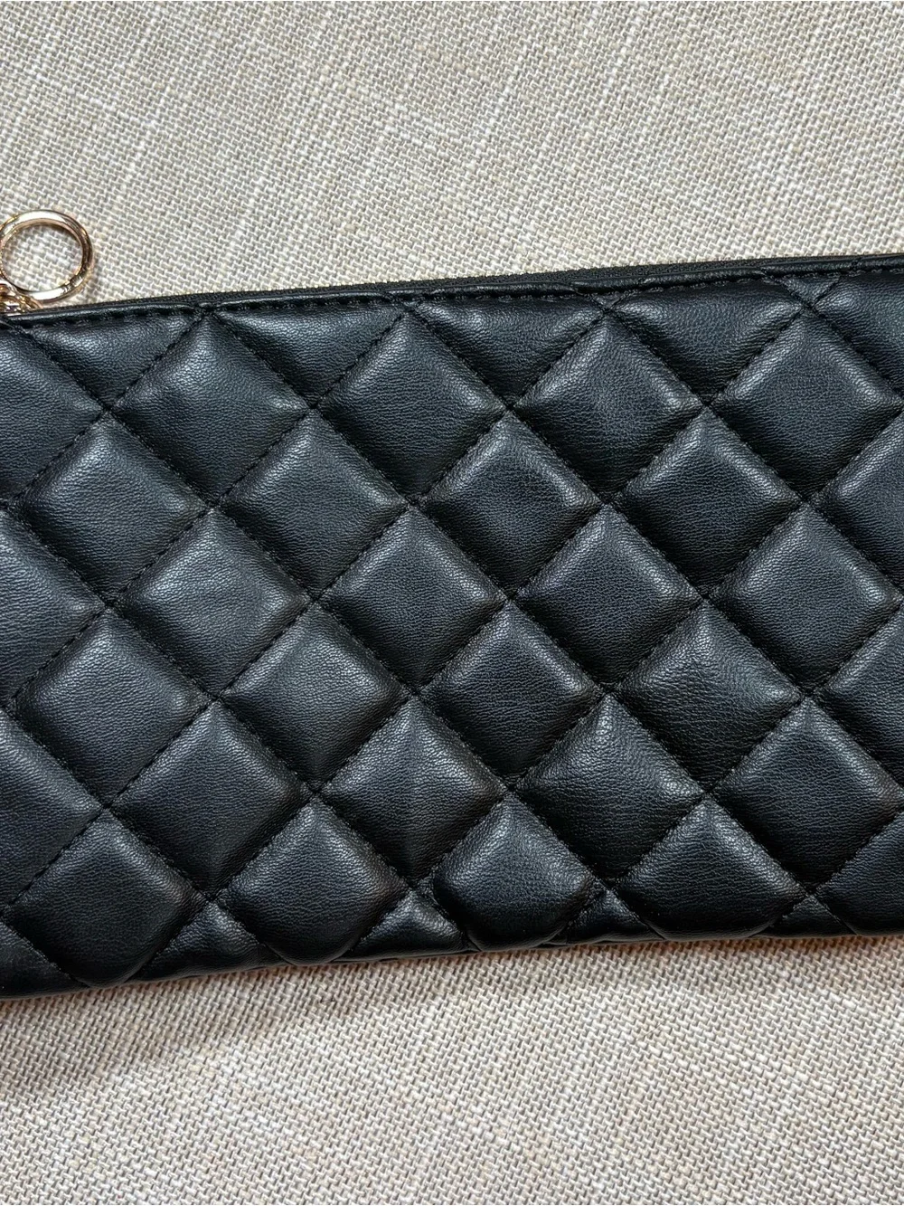 Black Quilted Leather Wristlet Clutch with Gold Ring